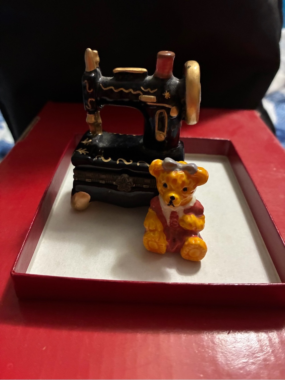 Antique Black and Gold Toy Sewing Machine with Yellow Bear Figurine Trinket Box